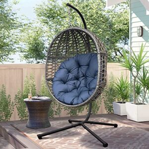 X-Large Luxury Outdoor Hanging Egg Chair with Stand, Heavy Duty Wicker Porch Swing Sets for Outdoor Patio Balcony Garden Decoration, All-Weather Egg-Shaped Hammock Swing Chair with Navy Blue Cushion