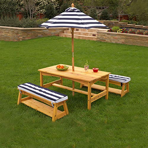 KidKraft Outdoor Wooden Table & Bench Set with Cushions and Umbrella, Kids Backyard Furniture, Navy and White Stripe Fabric & Wooden Adirondack Children's Outdoor Chair, 3-8 21.5 x 19.2 x 24.5