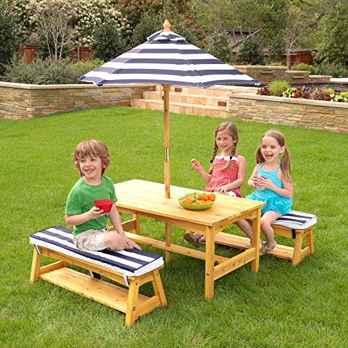 KidKraft Outdoor Wooden Table & Bench Set with Cushions and Umbrella, Kids Backyard Furniture, Navy and White Stripe Fabric & Wooden Adirondack Children's Outdoor Chair, 3-8 21.5 x 19.2 x 24.5
