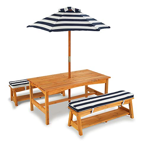 KidKraft Outdoor Wooden Table & Bench Set with Cushions and Umbrella, Kids Backyard Furniture, Navy and White Stripe Fabric & Wooden Adirondack Children's Outdoor Chair, 3-8 21.5 x 19.2 x 24.5
