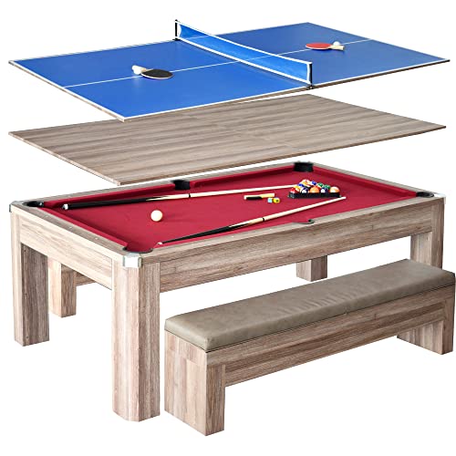 Hathaway Newport 7-ft Pool Table Tennis Combination with Dining Top, Two Storage Benches with Accessories - Driftwood