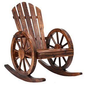 spurgehom outdoor wood rocking chair, wagon wheel decor armrest yard glider rocking patio chair with slatted design, adirondack rocking chair for porch lawn garden balcony poolside, brown