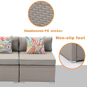 COSIEST 2-Piece Outdoor Furniture Loveseat Wicker Sectional Sofa Set w Warm Gray Thick Cushions, 2 Floral Fantasy Pillows for Garden, Pool, Backyard