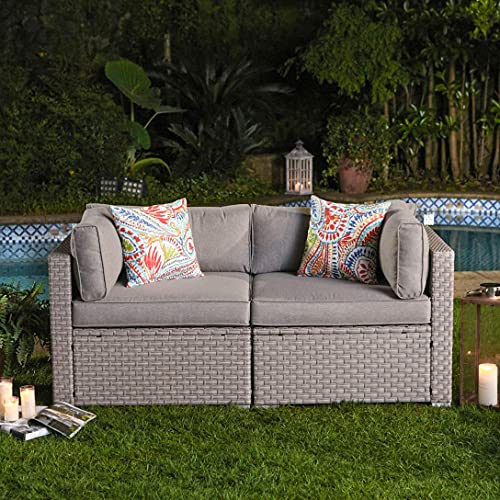 COSIEST 2-Piece Outdoor Furniture Loveseat Wicker Sectional Sofa Set w Warm Gray Thick Cushions, 2 Floral Fantasy Pillows for Garden, Pool, Backyard