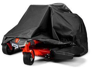 zero-turn mower cover, universal fit heavy duty 600d polyester oxford, weatherpoof uv protection with windproof buckle, drawstring & cover storage bag, tractor cover up to 60″ lawn mower decks