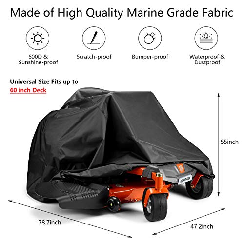 Zero-Turn Mower Cover, Universal Fit Heavy Duty 600D Polyester Oxford, Weatherpoof UV Protection with Windproof Buckle, Drawstring & Cover Storage Bag, Tractor Cover Up to 60" Lawn Mower Decks