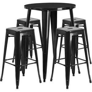 flash furniture 30” round black metal indoor-outdoor bar table set with 4 square seat backless stools