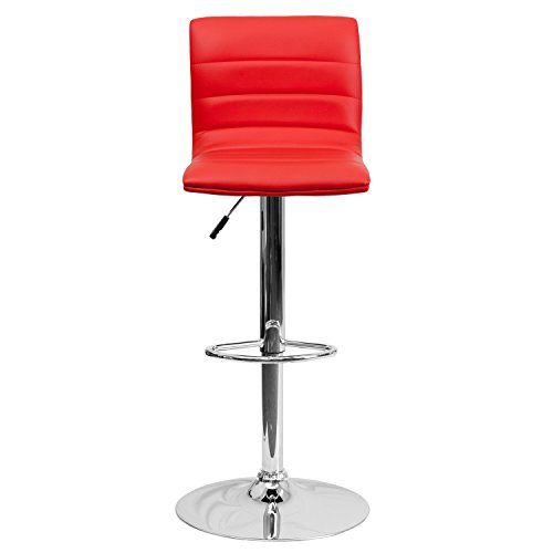 Flash Furniture Betsy Modern Red Vinyl Adjustable Bar Stool with Back, Counter Height Swivel Stool with Chrome Pedestal Base