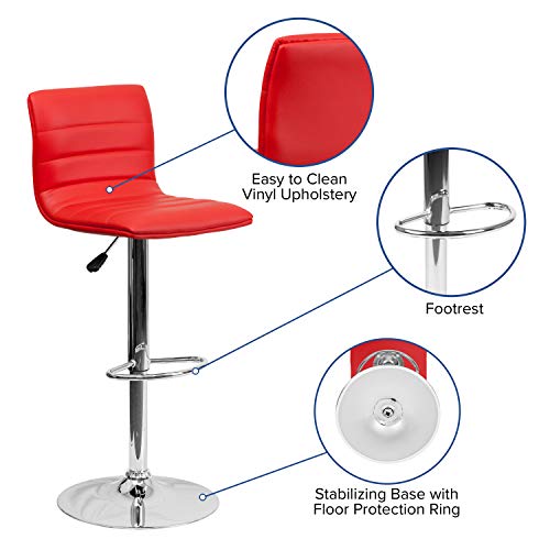 Flash Furniture Betsy Modern Red Vinyl Adjustable Bar Stool with Back, Counter Height Swivel Stool with Chrome Pedestal Base