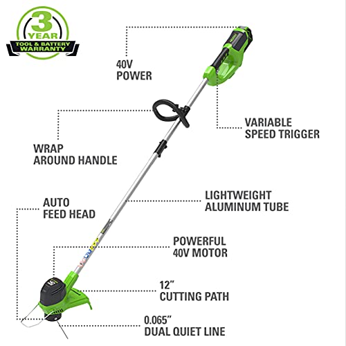 Greenworks 40V 12" Cordless String Trimmer, 2.0Ah Battery and Charger Included