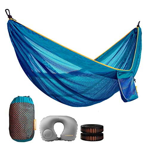 LAISHSNAIL Camping Hammock with Neck Pillow, Portable Mesh Ice-Silk Polyester Outdoor Double Hammocks with 2 Tree Straps, 500 lbs Load Capacity, Perfect for Camping Outdoor/Indoor Patio(Blue)