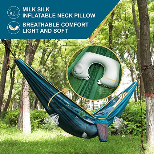 LAISHSNAIL Camping Hammock with Neck Pillow, Portable Mesh Ice-Silk Polyester Outdoor Double Hammocks with 2 Tree Straps, 500 lbs Load Capacity, Perfect for Camping Outdoor/Indoor Patio(Blue)