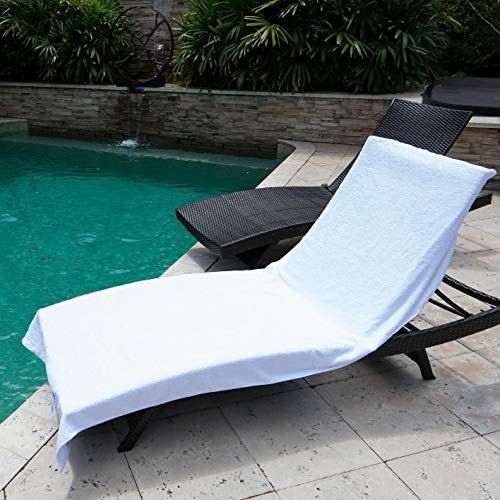 Arlu Home Large Luxury Chaise Pool/Lounge Chair Cover Towel - Fitted Elastic Pocket Won't Slide (White) Versatile Size Pocket Fits Most Standard Cushions. Protective, Absorbent, Easy Care