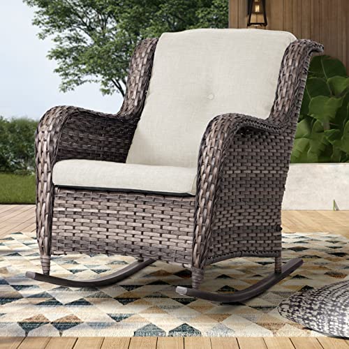 MeetLeisure Outdoor Wicker Patio Rocking Chair - All-Weather Lawn Rocking Wicker Furniture with Alloy Steel Frame & Premium Fabric Cushion, Beige