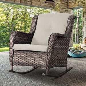 MeetLeisure Outdoor Wicker Patio Rocking Chair - All-Weather Lawn Rocking Wicker Furniture with Alloy Steel Frame & Premium Fabric Cushion, Beige