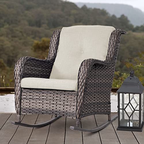 MeetLeisure Outdoor Wicker Patio Rocking Chair - All-Weather Lawn Rocking Wicker Furniture with Alloy Steel Frame & Premium Fabric Cushion, Beige