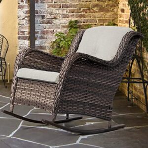 MeetLeisure Outdoor Wicker Patio Rocking Chair - All-Weather Lawn Rocking Wicker Furniture with Alloy Steel Frame & Premium Fabric Cushion, Beige