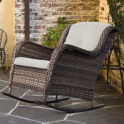 MeetLeisure Outdoor Wicker Patio Rocking Chair - All-Weather Lawn Rocking Wicker Furniture with Alloy Steel Frame & Premium Fabric Cushion, Beige