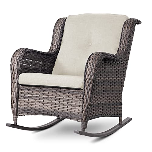 MeetLeisure Outdoor Wicker Patio Rocking Chair - All-Weather Lawn Rocking Wicker Furniture with Alloy Steel Frame & Premium Fabric Cushion, Beige