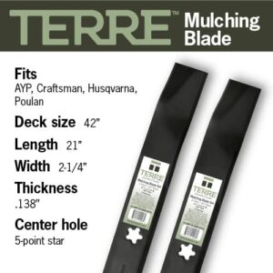 Terre Products, 2 Pack, Mulching Lawn Mower Blades, 42 Inch Deck, Compatible with Craftsman 134149, 138971, 422719, Husqvarna 532134149