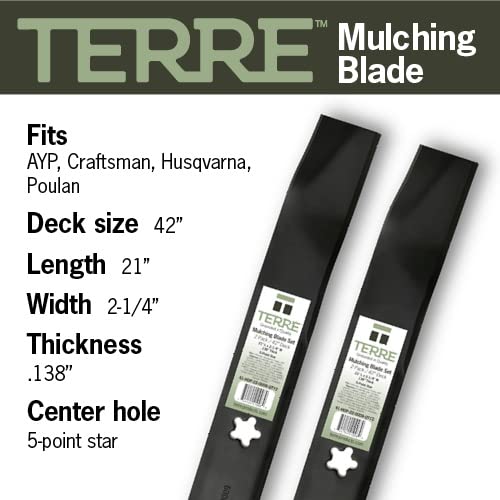 Terre Products, 2 Pack, Mulching Lawn Mower Blades, 42 Inch Deck, Compatible with Craftsman 134149, 138971, 422719, Husqvarna 532134149