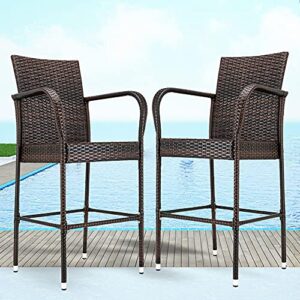 joybase outdoor bar stools set of 2, patio stools, tall patio chairs, wicker rattan outside barstool with back and armrest (brown)
