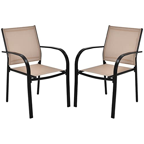 Tangkula Set of 2 Patio Dining Chairs, Outdoor Stackable Chairs with Armrests, Anti-Rust Steel Frame and Quick-Drying Fabric, Outdoor Bistro Chairs for Backyard, Lawn and Garden