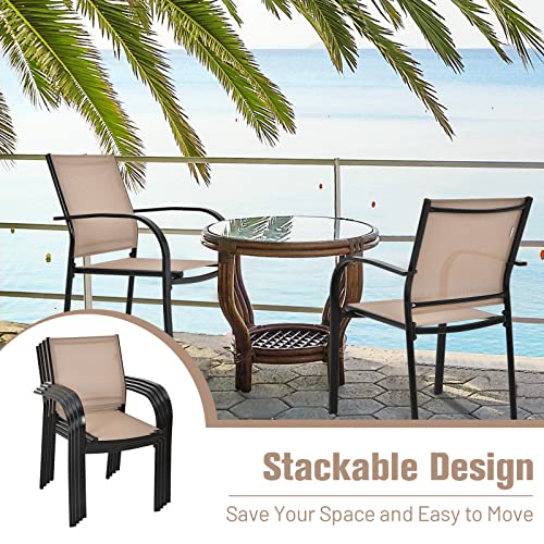 Tangkula Set of 2 Patio Dining Chairs, Outdoor Stackable Chairs with Armrests, Anti-Rust Steel Frame and Quick-Drying Fabric, Outdoor Bistro Chairs for Backyard, Lawn and Garden