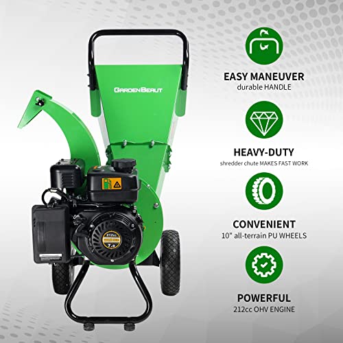 GARDENBEAUT S3 Wood Chipper Shredder, 7 HP 212cc Gasoline Engine, 3" Max Wood Diameter, 1-Year Warranty After Product Registration