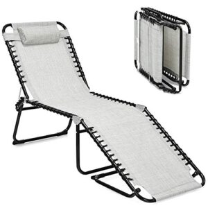gymax adjustable chaise lounge, folding lightweight patio recliner with removable pillow, poolside beach sunbathing chair for outdoor/indoor (grey)