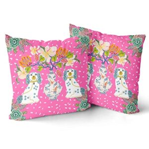 Chinoiserie Style Throw Pillow Covers 18x18 Set of 2 Dog Pillow Covers, Pink Pillow Covers Animal Cushion Cover for Couch Sofa Home Decor Cushion Covers Outdoor Decor
