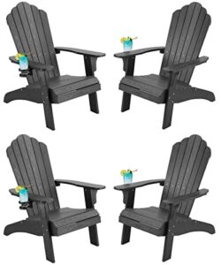 homehua oversized adirondack chair set of 4, adirondack chair weather resistant with cup holder, imitation wood stripes, easy to assemble, outdoor chair for patio, deck, fire pit & lawn porch – black