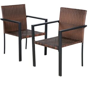 btexpert two tone brown outdoor patio pe rattan wicker set of 2 chairs for garden dining firepit lawn backyard porch deck armrest frame, steel conversation accent furniture armchairs