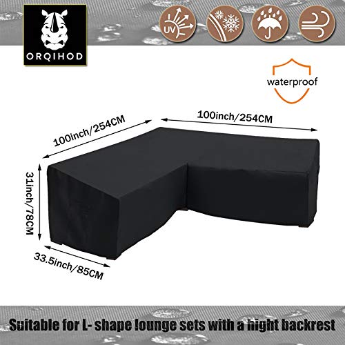 Orqihod Outdoor Sectional Sofa Cover Waterproof, V Shaped 100 Inch Heavy Duty Patio Furniture Sofa Protector with Storage Bag, Black, 600D