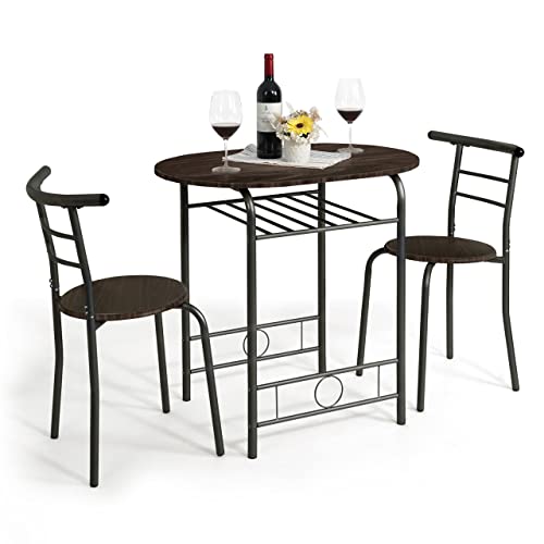 CAPHAUS 3 Pieces Dining Set for 2, Small Kitchen, Dining Room Table Set w/Steel Frame, 3 Pieces Patio Set w/Wine Rack, Small Dining Table Set for 2, Outdoor Dining Round Table Set, Black Oak