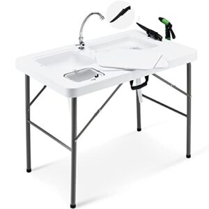 avocahom folding fish cleaning table portable camping sink table w/dual water basins, faucet drainage hose & sprayer outdoor fish fillet cleaning station w/knife