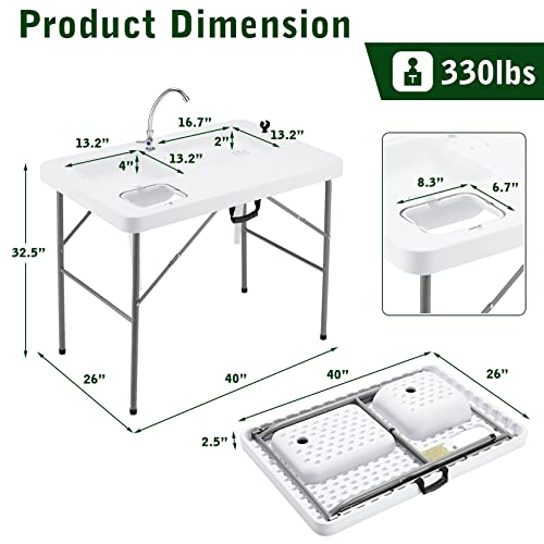 Avocahom Folding Fish Cleaning Table Portable Camping Sink Table w/Dual Water Basins, Faucet Drainage Hose & Sprayer Outdoor Fish Fillet Cleaning Station w/Knife