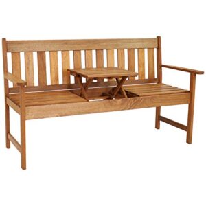 sunnydaze meranti wood outdoor bench with teak oil finish and built-in pop-up table – comfortable patio seating for 2 adults – modern occasional bench – decorative porch furniture – 60-inch