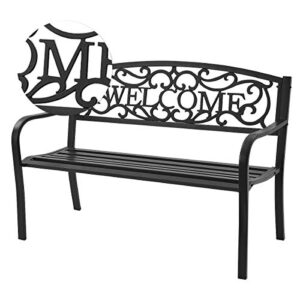 S AFSTAR Garden Bench, Metal Porch Bench for Park Garden Yard, Outdoor Patio Bench with Weather-Resistant Cast Iron Backrest and Welcome Pattern, Front Door Bench Park Bench for Outside (Black)