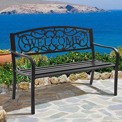 S AFSTAR Garden Bench, Metal Porch Bench for Park Garden Yard, Outdoor Patio Bench with Weather-Resistant Cast Iron Backrest and Welcome Pattern, Front Door Bench Park Bench for Outside (Black)