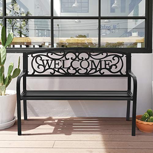 S AFSTAR Garden Bench, Metal Porch Bench for Park Garden Yard, Outdoor Patio Bench with Weather-Resistant Cast Iron Backrest and Welcome Pattern, Front Door Bench Park Bench for Outside (Black)