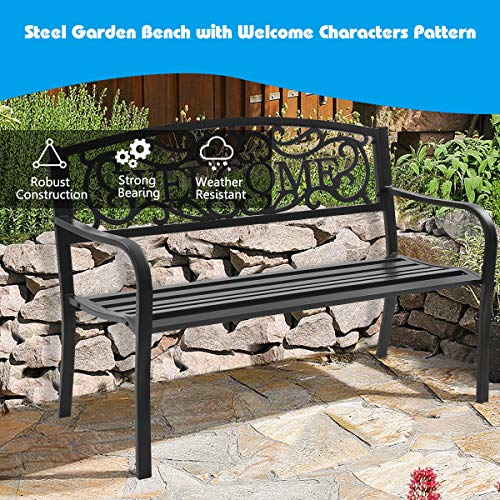 S AFSTAR Garden Bench, Metal Porch Bench for Park Garden Yard, Outdoor Patio Bench with Weather-Resistant Cast Iron Backrest and Welcome Pattern, Front Door Bench Park Bench for Outside (Black)