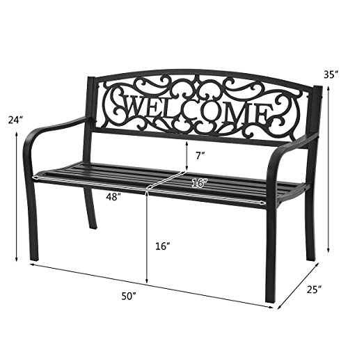 S AFSTAR Garden Bench, Metal Porch Bench for Park Garden Yard, Outdoor Patio Bench with Weather-Resistant Cast Iron Backrest and Welcome Pattern, Front Door Bench Park Bench for Outside (Black)