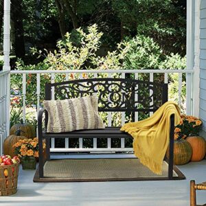 S AFSTAR Garden Bench, Metal Porch Bench for Park Garden Yard, Outdoor Patio Bench with Weather-Resistant Cast Iron Backrest and Welcome Pattern, Front Door Bench Park Bench for Outside (Black)