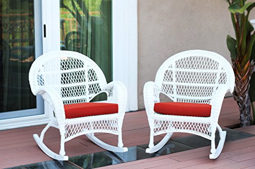 Jeco Wicker Rocker Chair with Red Cushion, Set of 2, White