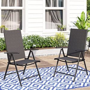 mfstudio 2 pcs folding chairs with arms,portable patio dining chairs with 7 levels adjustable for outdoor & indoor, sling back chairs (black)