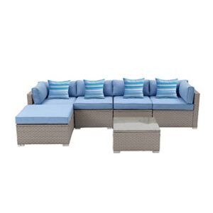 SUNBURY 6-Piece Outdoor Sectional Wicker Sofa in Blue, w 4 Pillows in Psychedelic Colors ?¡ìC Elegant Patio Furniture Chair and Table Set for Backyard Garden Pool