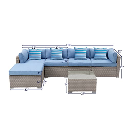 SUNBURY 6-Piece Outdoor Sectional Wicker Sofa in Blue, w 4 Pillows in Psychedelic Colors ?¡ìC Elegant Patio Furniture Chair and Table Set for Backyard Garden Pool