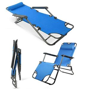 patio lounge chair, foldable outdoor beach lounge chairs reclining sun pool lawn chaise with pillow for camping patio lawn (blue)
