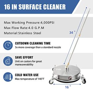 JANZ 16" Pressure Washer Surface Cleaner with 4 Wheels, Stainless Steel Housing, 1/4" Quick Plug, 2 Extension Wand Attachments, 2 Replacement Nozzles and 3 Spray Nozzles, 4000 PSI